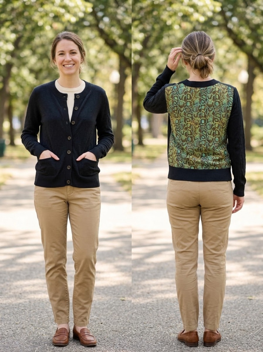RACHEL Rachel Roy Mix Media Navy Cardigan Sweater Animal Print Back